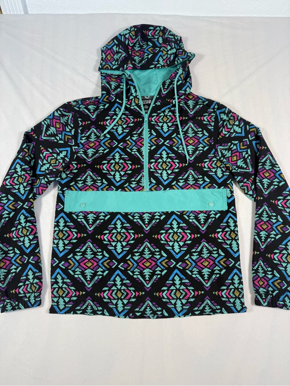Men's Aztec Half-Zip Hooded Wind Breaker in Black with Colorful Accents